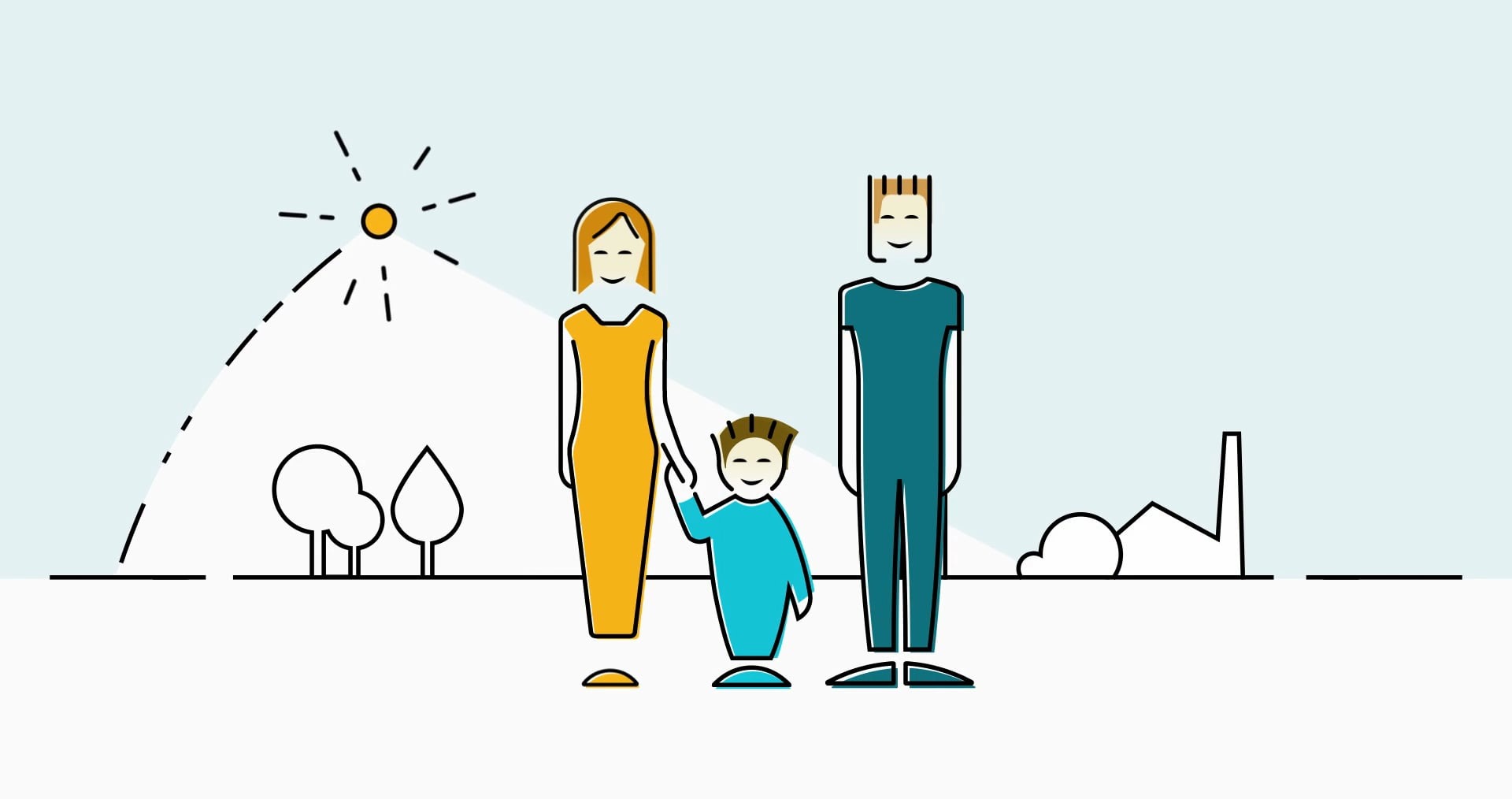 Illustration einer glücklichen Familie im Freien, unter strahlender Sonne, mit Bäumen im Hintergrund.