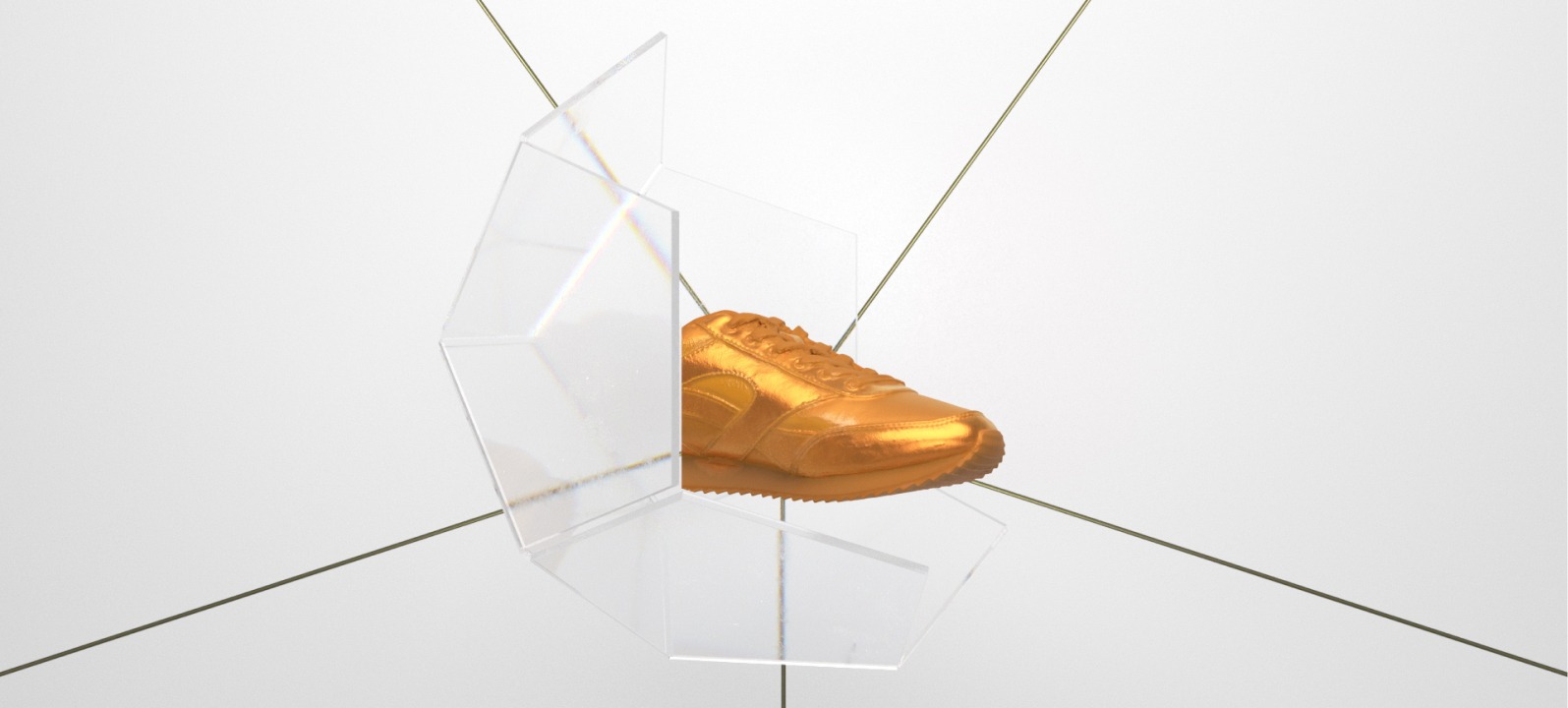 Goldener Turnschuh schwebt in transparentem geometrischen Halter vor weißem Hintergrund. Moderne Kunst und Design.